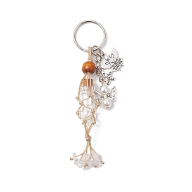 Porte-clés pochette en nylon tressé, avec bocaux en verre, perles acryliques en nacre d'imitation , perles de puce de cristal de quartz naturel, perles européennes en bois naturel, ange