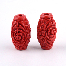 Carved Cinnabar Beads, Barrel