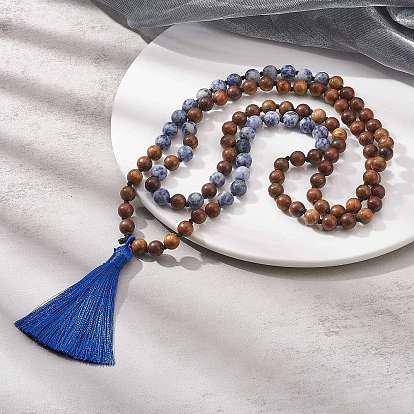Collier bouddhiste en jaspe bleu naturel et bois, collier lariat pompon en polyester pour femme