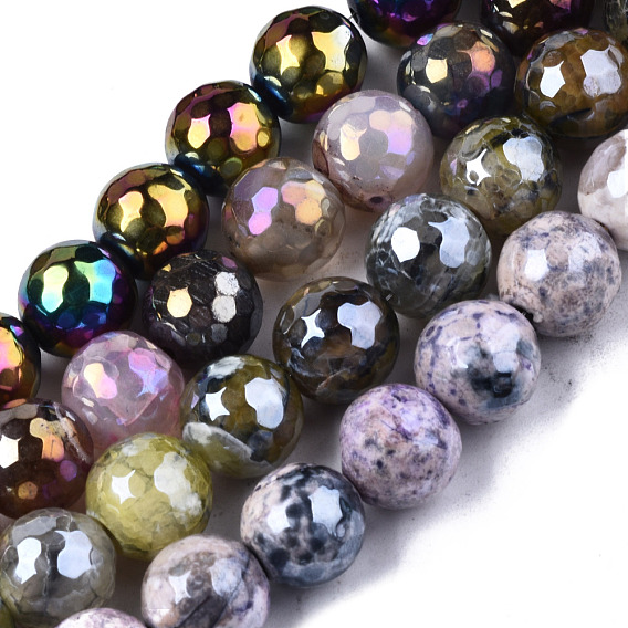 Natural Agate Beads Strands, Pearl Luster Plated, Faceted, Round