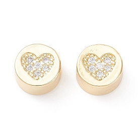 Brass Micro Pave Clear Cubic Zirconia Beads, Long-Lasting Plated, Cadmium Free & Lead Free, Flat Round with Heart Pattern