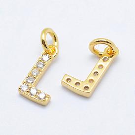 Brass Micro Pave Grade AAA Cubic Zirconia Charms, Letter L, Cadmium Free & Nickel Free & Lead Free