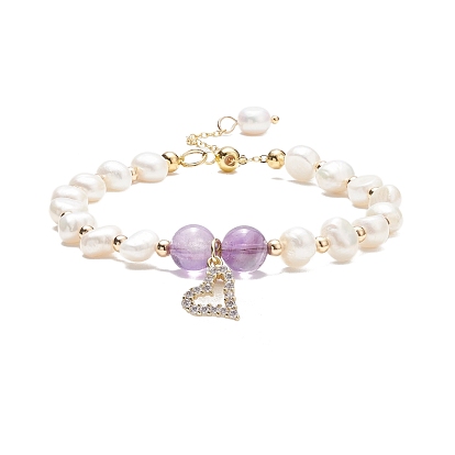 Natural Gemstone & Pearl Beaded Bracelet with Cubic Zirconia Heart Charm, Gemstone Jewelry for Women