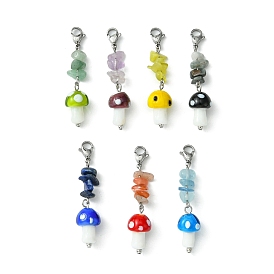 Mushroom Handmade Lampwork Pendant Decorations, with Natural Chip Gemstone Beads and 304 Stainless Steel Lobster Claw Clasps
