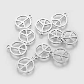 304 Stainless Steel Charms, Flat Round with Peace Sign