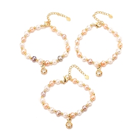 Brass Micro Pave Cubic Zirconia Flat Round Charms Bracelets, Real 18K Gold Plated, with Natural Pearl, Long-Lasting Plated