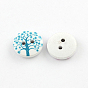2-Hole Tree Pattern Printed Wooden Buttons, Flat Round, 15x4mm, Hole: 2mm