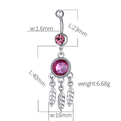 Piercing Jewelry, Brass Cubic Zirconia Navel Ring, Belly Rings, with 304 Stainless Steel Bar, Lead Free & Cadmium Free, Flat Round with Leaf