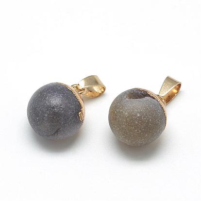 Natural Druzy Grey Agate Pendants, with Brass Findings, Round, Frosted, Round