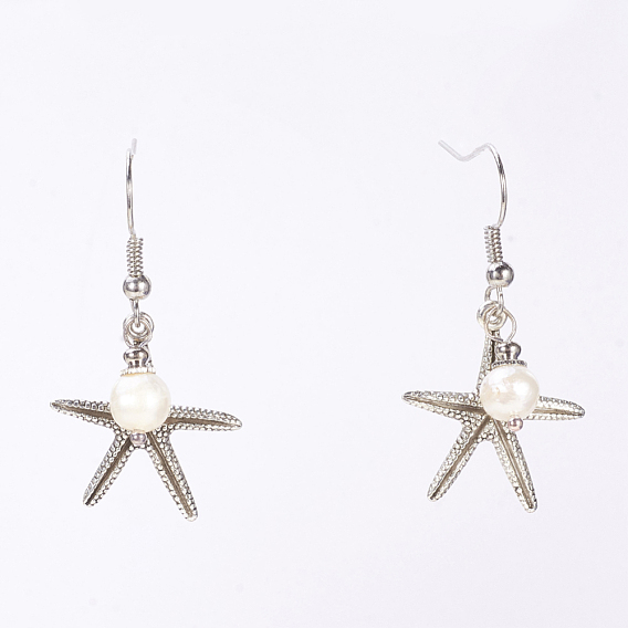 Dangle Retro Alloy Starfish/Sea Stars Pendants Earrings for Women, with Freshwater Pearl Beads and Brass Earring Hooks, 20mm