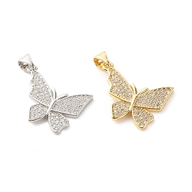 Brass Micro Pave Clear Cubic Zirconia Pendants, Cadmium Free & Lead Free, Butterfly