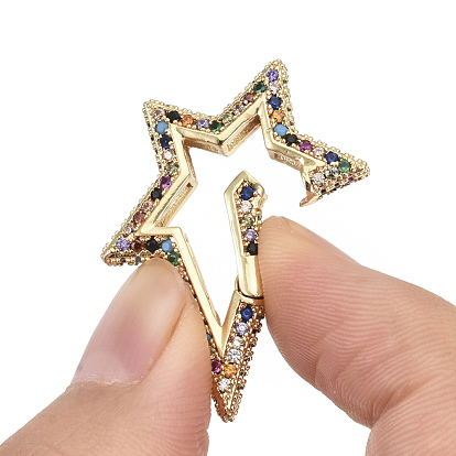 Brass Micro Pave Cubic Zirconia Spring Gate Rings, Nickel Free, Star, Real 16K Gold Plated
