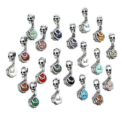 Halloween Skull Gemstone Alloy Pendants, Skeleton Hand Charms with Gems Sphere Ball, Antique Silver