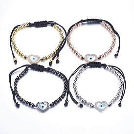 Bracelets de perles tressés en laiton réglables, avec cordon en nylon, liens coquille et micro pavés de zircone cubique, sans plomb et sans cadmium, cœur