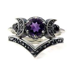 Gothic Purple Crystal Ring with Triple Moon Goddess - Black Diamond Jewelry for Women