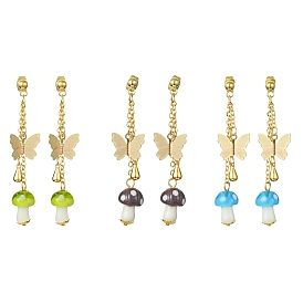 Lampwork Mushroom & Brass Butterfly Dangle Stud Earrings, Long Drop Earrings