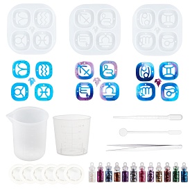 ARRICRAFT Twelve Constellations Silicone Molds Kits, with Resin Casting Molds, Laser Shining Nail Art Glitter, Measuring Cup, Transparent Plastic Round Stirring Rod, Disposable Latex Finger Cots