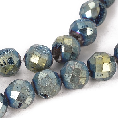 Electroplate Natural Druzy Geode Quartz Crystal Beads Strands, Faceted, Round, Grade AB