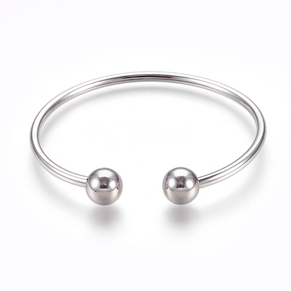 304 Stainless Steel Cuff Bangles, Torque Bangles, End with Removable Round Beads