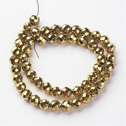 Non-Magnetic Synthetic Hematite Beads Strands, Vacuum Plating, Faceted(64 Facets), Round, Golden Plated, Hole: 1mm