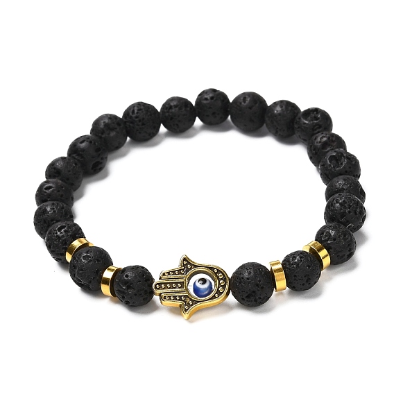 Bracelet extensible en perles de lave naturelle, main hamsa / main de miriam avec bracelet de perles en alliage mauvais œil, Bracelet diffuseur d'huiles essentielles d'aromathérapie, or