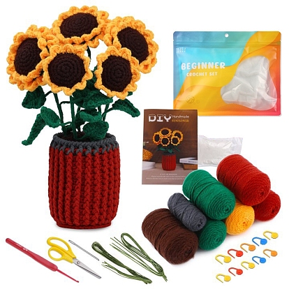 Kit de crochet para decoración de exhibición de macetero de girasoles diy, incluyendo manual de instrucciones, ganchos de ganchillo, hilo de poliester, aguja de ojo grande, tijera, marcadores de puntadas