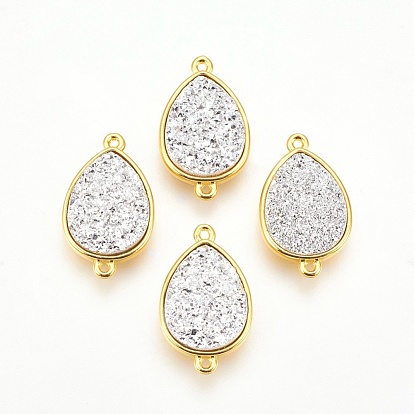 Conectores de enlaces de latón, con resina druzy, gota, dorado