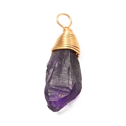 Natural Amethyst Pendants, with Real 18K Gold Plated Eco-Friendly Copper Wire, Nuggets