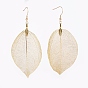 Brass Plated Natural Leaf Dangle Earrings, with 304 Stainless Steel Earring Hooks