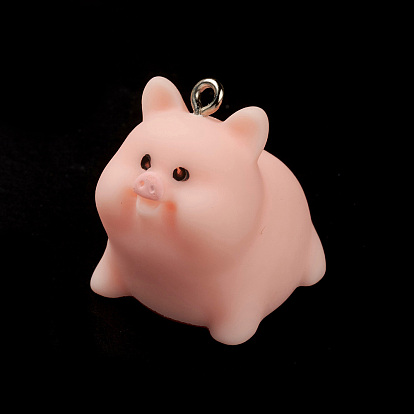 Opaque Resin Pendants, Cute Pig Charms, with Platinum Plated Iron Loops