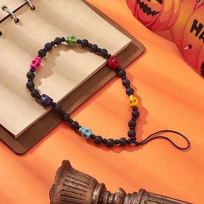 Sangles mobiles perlées de pierre de lave, avec des perles de turquoise synthétiques teintes, décoration d'accessoires mobiles anti-perte de fil de nylon, crane