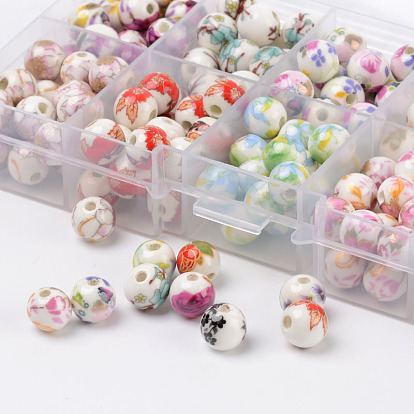 Dix couleurs à la main imprimé perles de porcelaine, ronde, 8mm, trou: 2mm, à propos de 20pcs / couleur, à propos de 200pcs / boîte