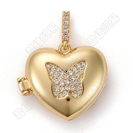 Brass Micro Pave Clear Cubic Zirconia Diffuser Locket Pendants, Long-Lasting Plated, Lead Free & Cadmium Free, Heart with Butterfly