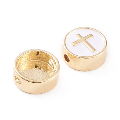 Brass Enamel Beads, Long-Lasting Plated, Flat Round with Cross, White