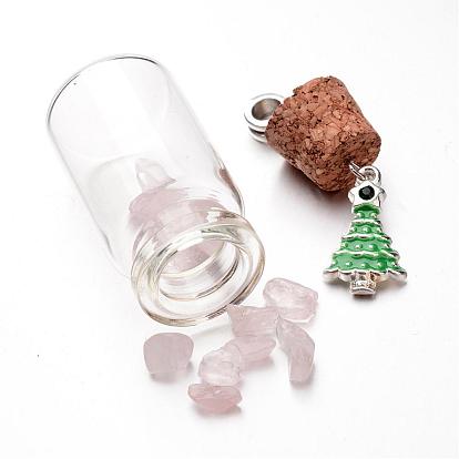 Natural Gemstone Beaded Wishing Bottle European Dangle Large Hole Pendants, with Christmas Tree Alloy Rhinestone Enamel Pendants, Antique Silver, 60mm, Hole: 5mm