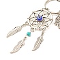Tibetan Style Alloy Pendant Keychain, with Synthetic Turquoise Beads & Handmade Evil Eye Lampwork Beads and Alloy & Iron Findings, Woven Net/Web with Feather & Hamsa Hand