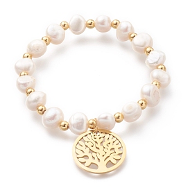 304 bracelets en acier inoxydable, avec des perles de pépites de coquillages, plat et circulaire avec arbre de vie, couleur de coquillage