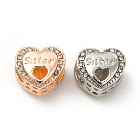Rack Plating Alloy Rhinestone European Beads, Large Hole Beads, Heart with Word Sister