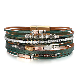 Bohemian Leather Bracelet with Multi-layer Leaf Design - Ethnic Style, Magnetic Clasp.