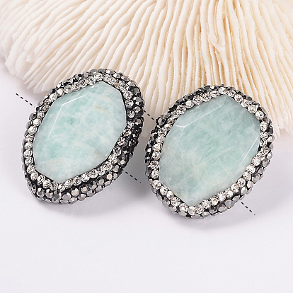 Oval Natural Faceted Amazonite Beads, with Polymer Clay Rhinestones, 25~27x21~22x7~8mm, Hole: 1mm