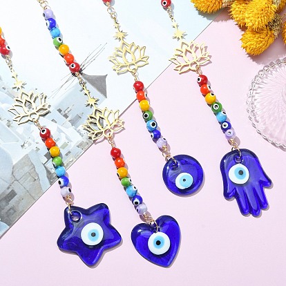 Evil Eye Lampwork Beaded Pendant Decorations, with 201 Stainless Steel Lotus Hanging Ornaments, Star/Heart/Flat Round/Hamsa Hand