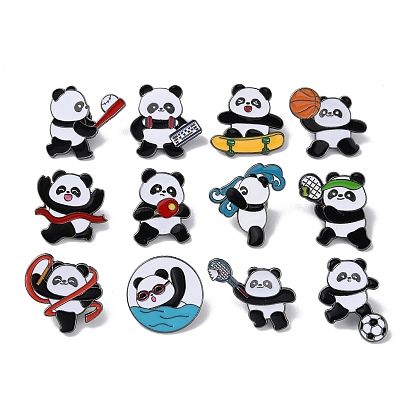 Sports Theme Panda Enamel Pins, Gunmetal Alloy Brooch for Backpack Clothes, Baseball/Basketball/Tennis