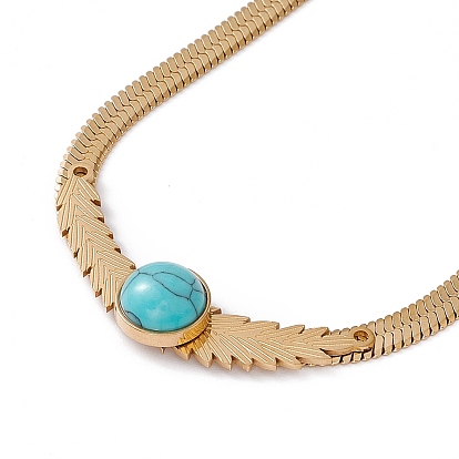 Synthetic Turquoise Pendant Necklace with 304 Stainless Steel Herringbone Chains, Golden