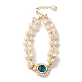 Bracelet multi-rangs double couche en perles naturelles, avec maillons ronds plats en zircone cubique