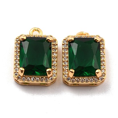 Rack Plating Brass Micro Pave Green Cubic Zirconia Charms, Long-Lasting Plated, Rectangle