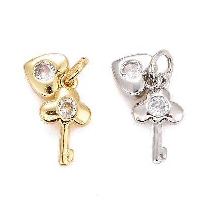 Cubic Zirconia Pendants, with Rack Plating Real 18K Gold Plated Brass Findings, with Jump Rings, Long-Lasting Plated, Lead Free & Cadmium Free, Key & Heart