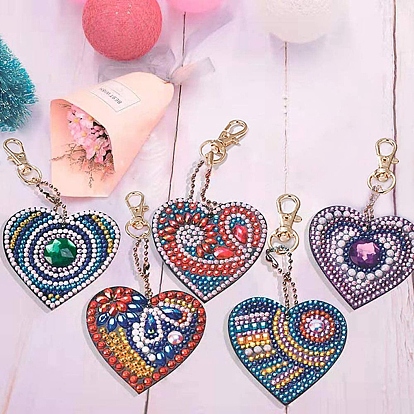 DIY Diamond Painting Stickers Kits For Key Chain Making, with Diamond Painting Stickers, Resin Rhinestones, Diamond Sticky Pen, Lobster Clasps, Chain, Tray Plate and Glue Clay, Heart
