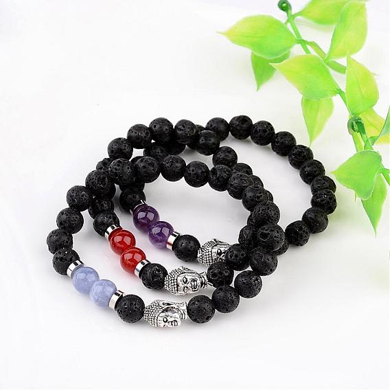 Natural Lava Rock Bead Stretch Bracelets, with Natural Gemstone Beads and Alloy 3D Buddha Head Beads, Antique Silver, 55mm
