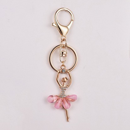 Alloy Resin Keychain, with Rhinestone, Golden Tone Alloy Key Clasps and Iron Key Rings, Ballet Girl