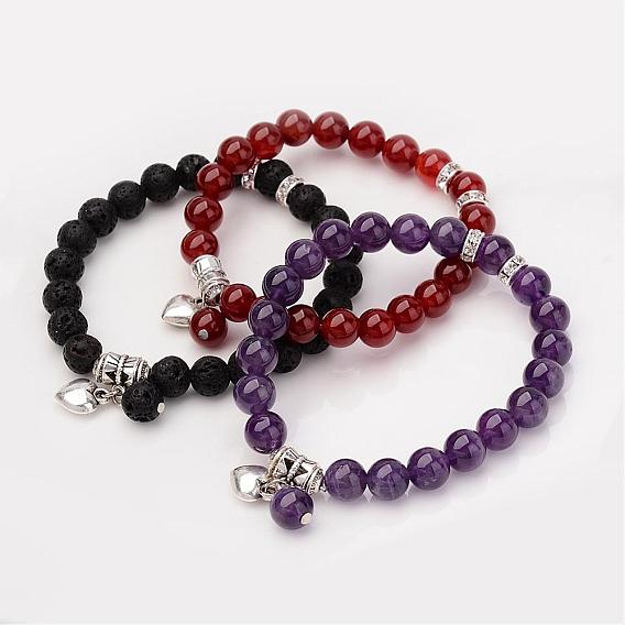 Natural Gemstone Beaded Bracelets, with Alloy Findings, 56mm